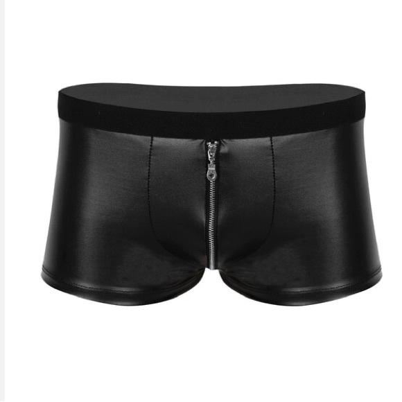 Wet Look Leather Boxer Mens Zipper Open Crotch Pants Men Boxer Shorts - Picture 2 of 5
